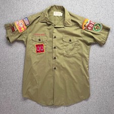 Vintage Olive Green BSA Boy Scout Short Sleeve Uniform Shirt 1980's Patches L