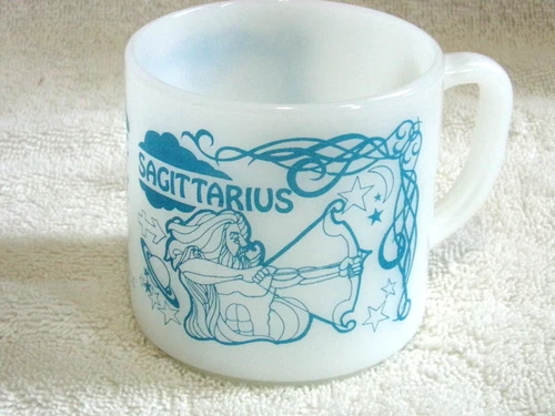 Vtg Federal Sagittarius Zodiac Milk Glass Mug Cup Teal Blue White Exc
