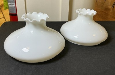 Pair 10  Antique Tam O Shanter White Milk Glass Ruffled Rim Lamp Shades