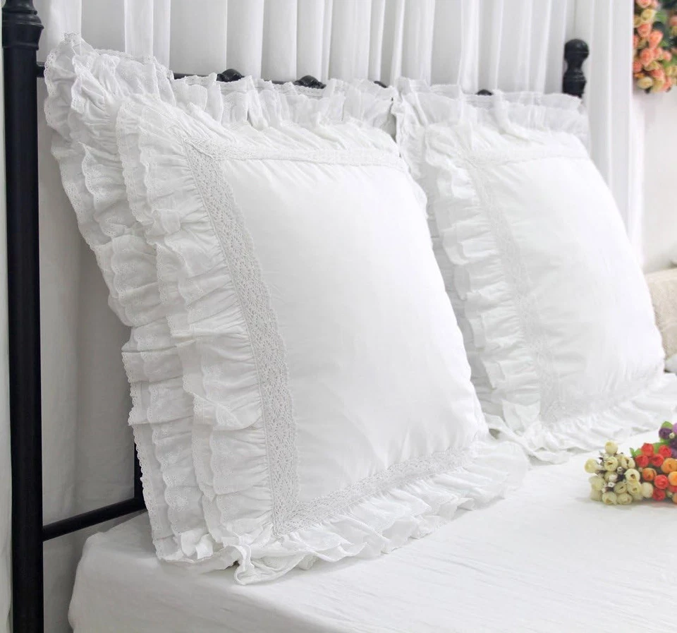 Juego de 2 fundas de almohada Euro Shams blancas de encaje Queen's House 26x26 Foto 3 de 4