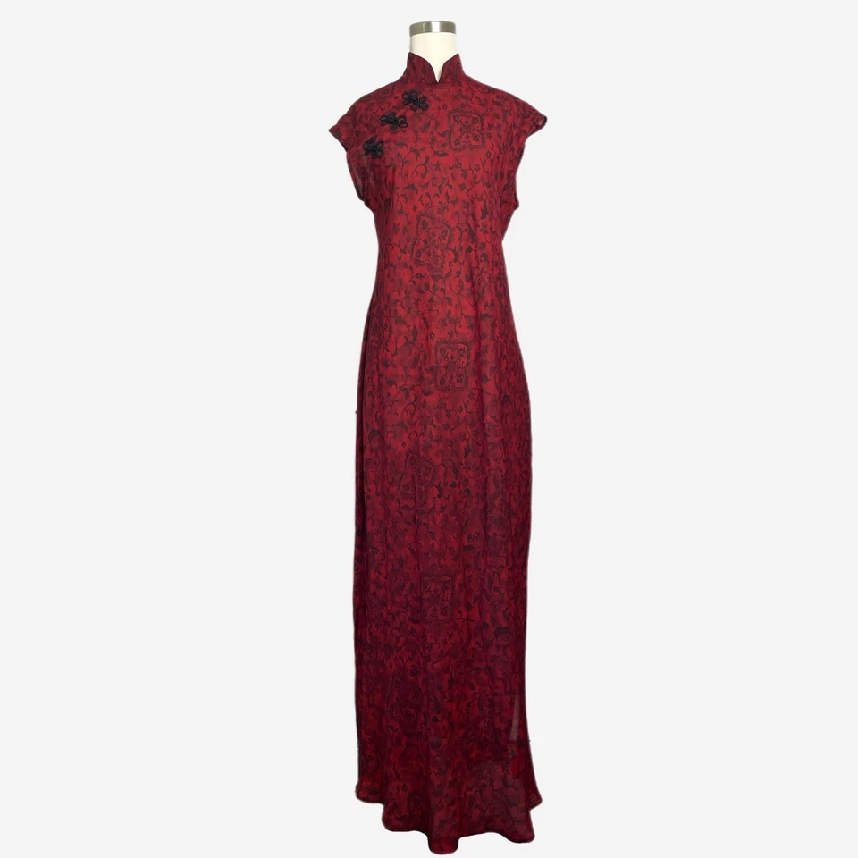 Maxi Vestido Vintage Años 90 Y2K Jessica Howard Rojo Cheongsam Global Audaz Transparente Elegante M Foto 2 de 4