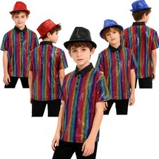 Kids Boys Shirt Shiny Dancewear Carnival Outfits 2 Pieces Masquerade Party 80s