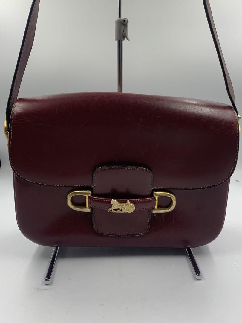 Vintage Celine Carriage Shoulder Bag with Metal Fittings in Rare Bordeaux