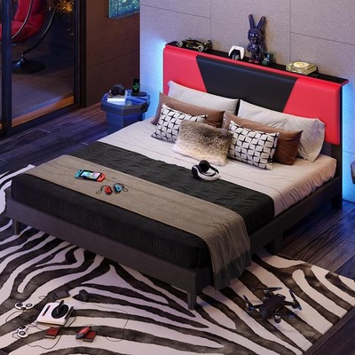 Base Para Cama King Size De Madera y Metal Con Cabecera Luz Moderna En Oferta