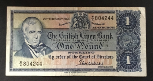 Banconota della Scozia One Pound British Linen Bank. Datato 1968. Circolato Cond.