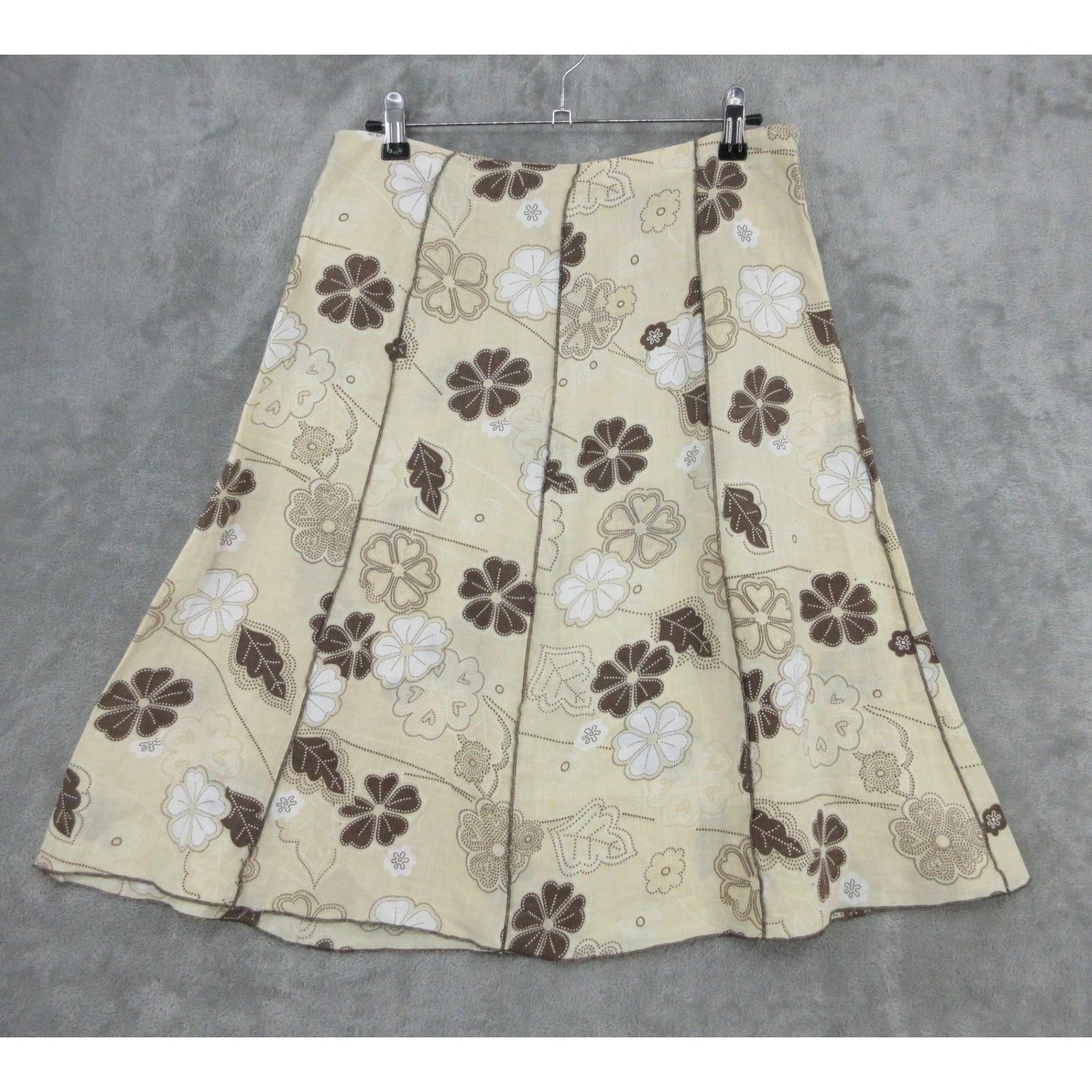 Allison Taylor Skirt Women 8 Linen Floral Romantic Boho Feminine SideZip Brown