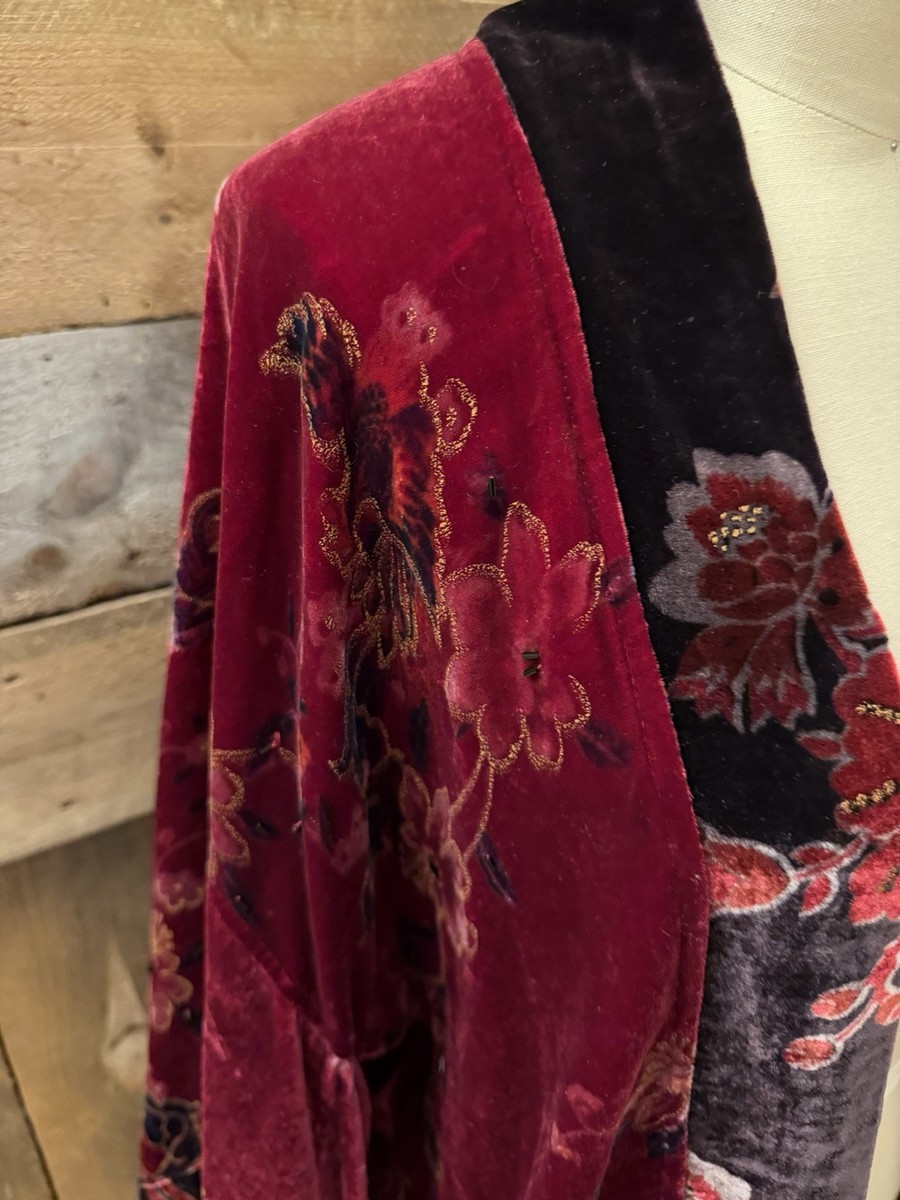 Chico's Designs Silk Velvet Beaded Open Kimono M/L Floral Burgundy