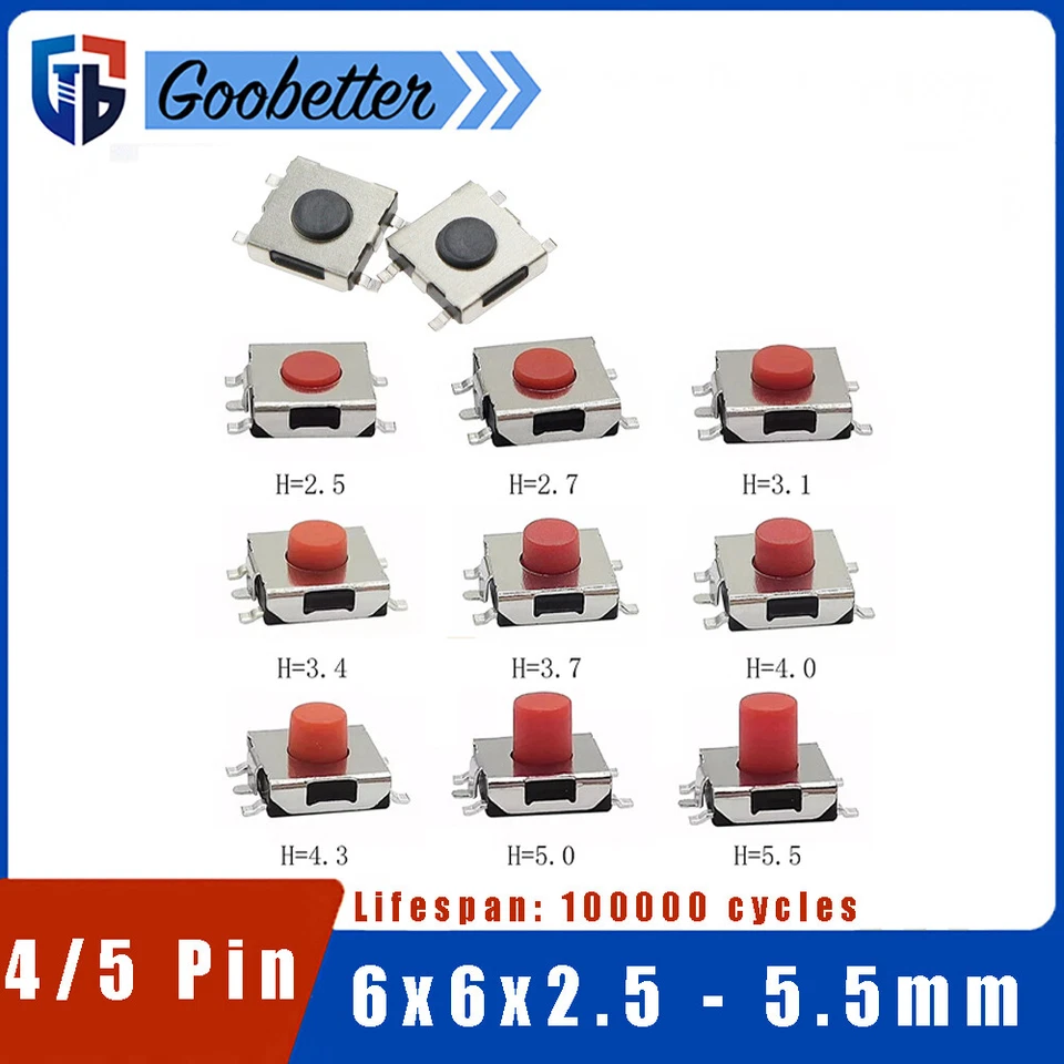 6 x 6mm SMD SMT Micro Momentary Tactile Tact Push Button PCB Switch 4/5 Pin