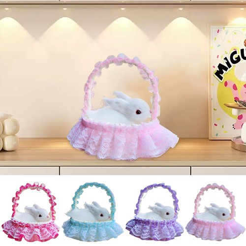 Realistic Rabbit Figurines Imitate Furry Rabbits with Basket Photo Props