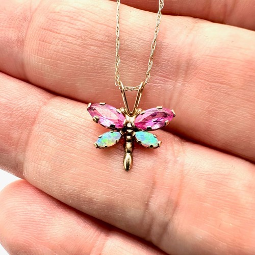 Womens Necklace 10K Yellow Pink Sapphire Opal Butterfly Pendant - Picture 2 of 5