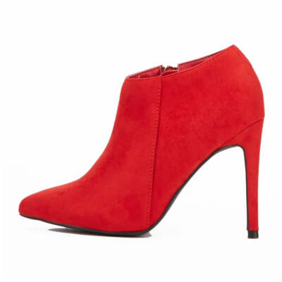 LADIES RED HIGH HEEL SIDE ZIP ANKLE BOOTS SUEDETTE WOMENS
