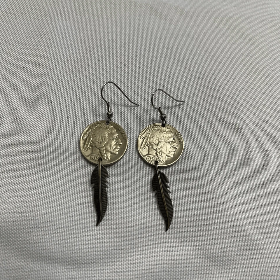 Brincos antigos MARCADOS 1937 Buffalo níquel 925 prata esterlina pendurados perfurados - Imagem 2 de 4