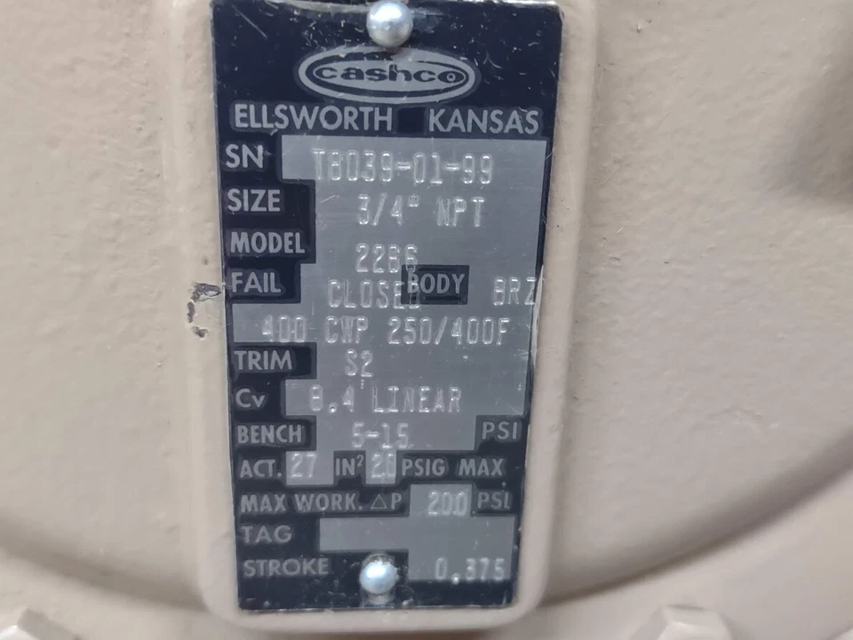 Cashco 3/4" NPT Valve 2266 T8039-01-99 Bronze 400 CWP 250/400F S2 5-15 PSIG - Image 4 of 4