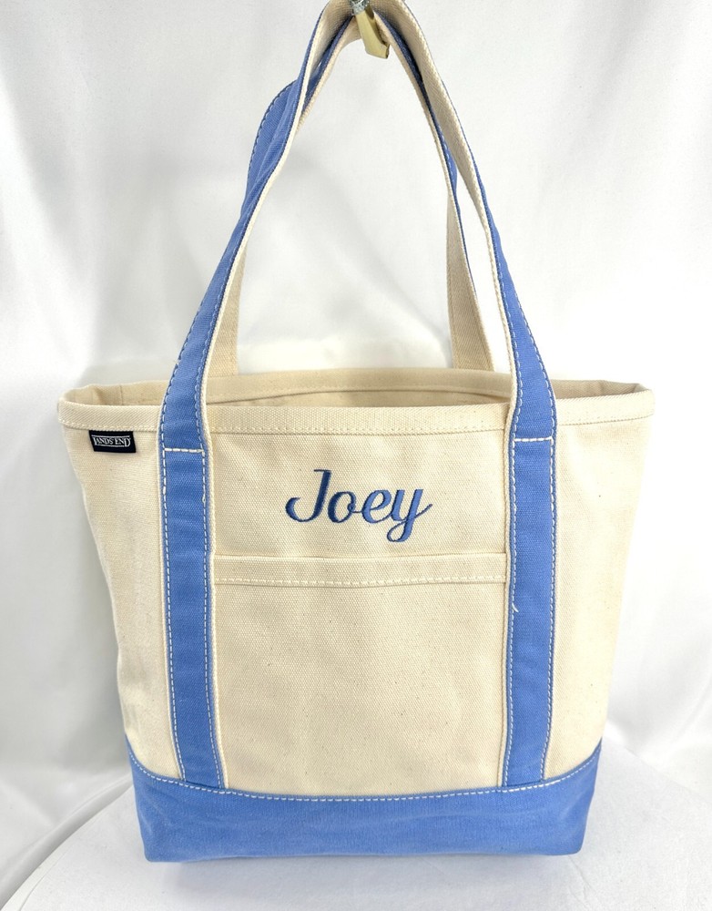 Lands End Cream Blue Canvas Large Tote Bag Travel Beach School Sport Joey