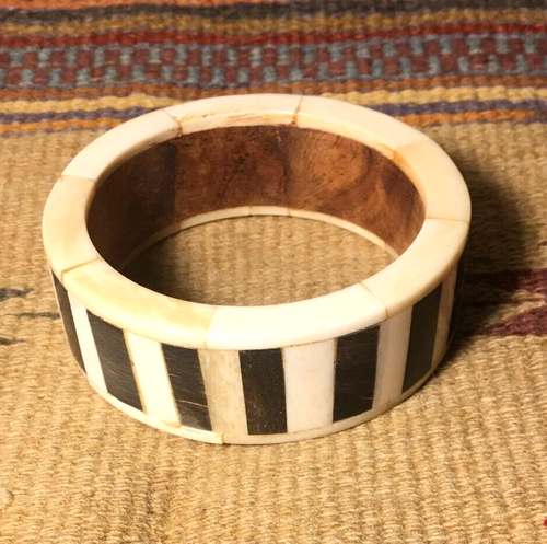 Vintage Horn & Bone Bangle Bracelet Brown Creme Colored Made In India - Picture 2 of 5