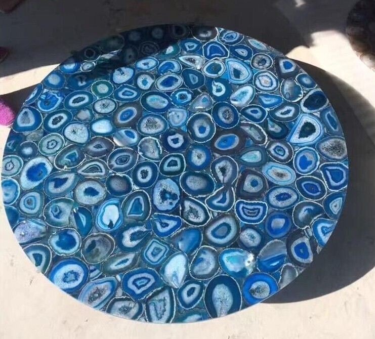 Blue Agate Natural Stone Coffee Table Top Handmade Home Decor