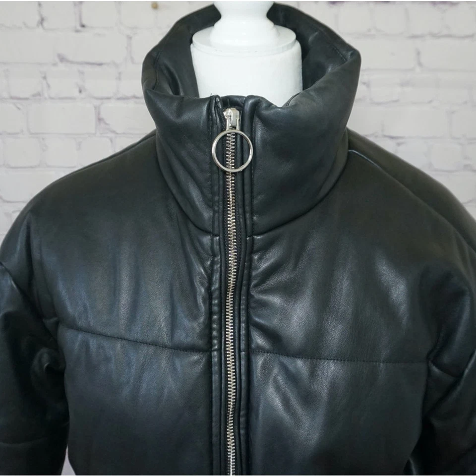Jason Maxwell women's puffer coat  faux leather size medium black winter biker  - Image 4 of 4