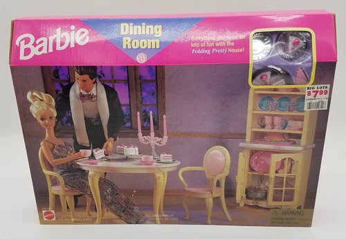 VTG Barbie Mattel Toy Dining Room Toys Set w Table Hutch Chairs 1998 NEW