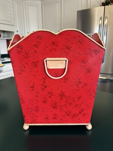 Vintage Metal Trash Can Red w/Flowers Square w/Scalloped Top & Handles 12" High - Picture 5 of 12