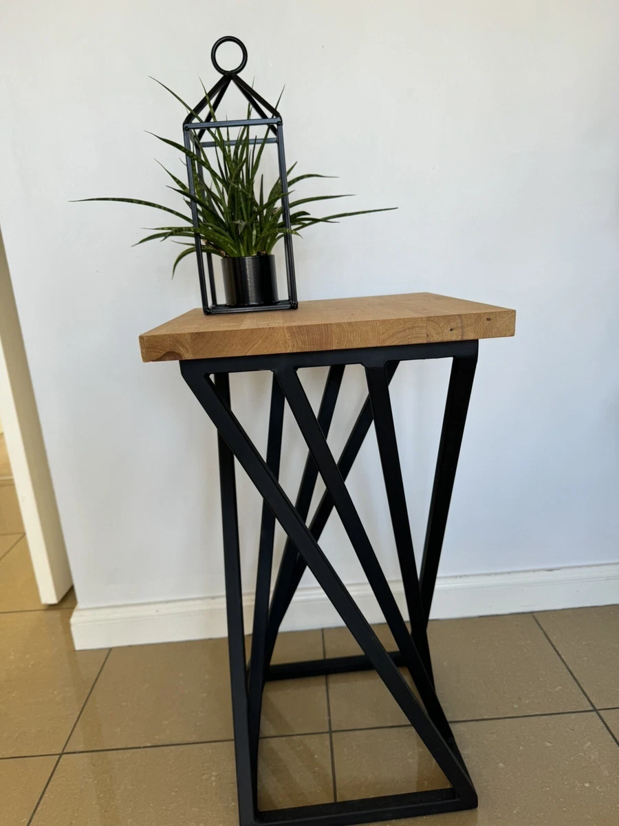 Handmade Twisted Side Table with Metal Legs Painted Black and Beech Top