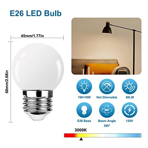 E26 LED Light Bulb,G14 1W,1 Watt Small Night Light Bulbs,3000K Warm White,80Lm,1