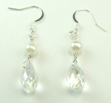Clear Crystal Briolette Dangle/ Drop Earrings with Faux Pearls Handmade Jewelry