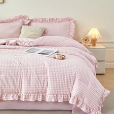 RYNGHIPY Full Gingham Bedding Set for Girls 5 Pieces Pink Ruffled Bed Set
