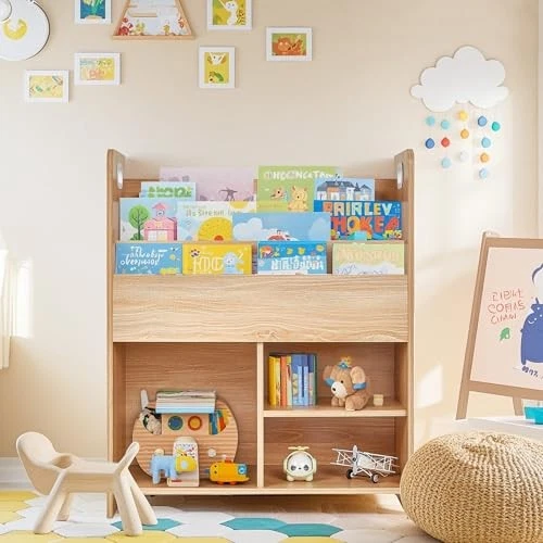  Wooden Children’s Bookshelf - Kids Book Organizer with 3-Tier Display and Teak — 第 2/4 张图片