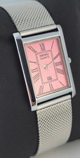 Working Seiko Slim 'Tank' Roman Pink Dial SS Case Men's Wristwatch Steel Band