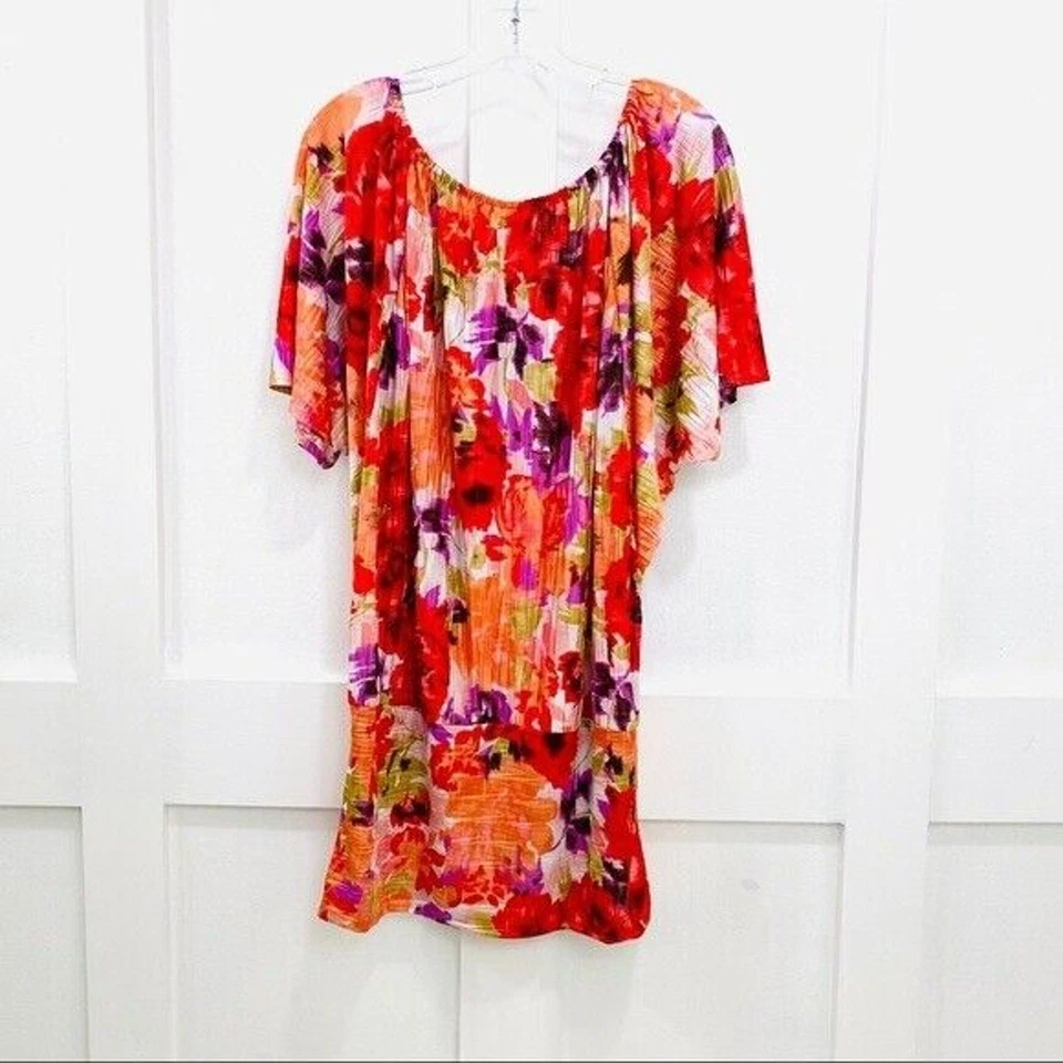 Tryst Blouse Women's Top Plus Size 2X Orange Floral Print Short Sleeve USA Made - Image 2 of 4