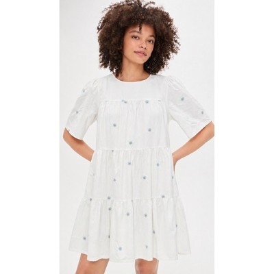 En Saison White Daisy Embroidered Tiered Babydoll Mini Dress Women Cottagecore M