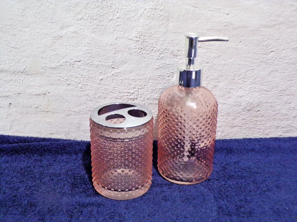 Pink Depression Glass Hobnail Soap Pump & Toothbrush Holder - Image 2 of 3