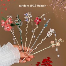 6pcs Random Chinese Hair Pin Gold Plated Flower Hair Stick Tassel