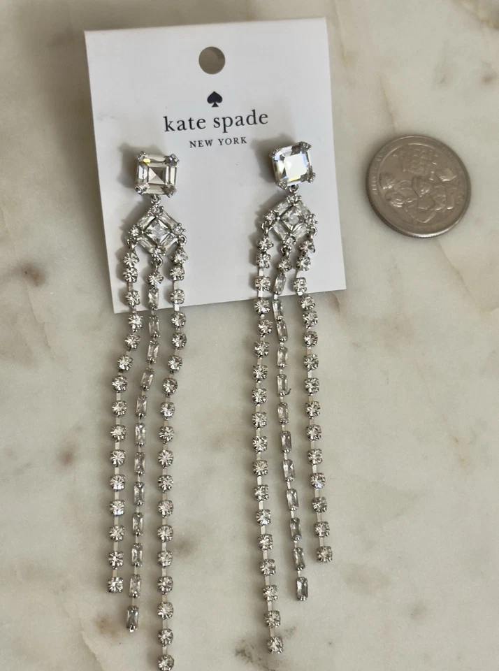 Brincos longos femininos KATE SPADE declaração franja brilhante prata transparente novo com etiquetas - Imagem 4 de 4