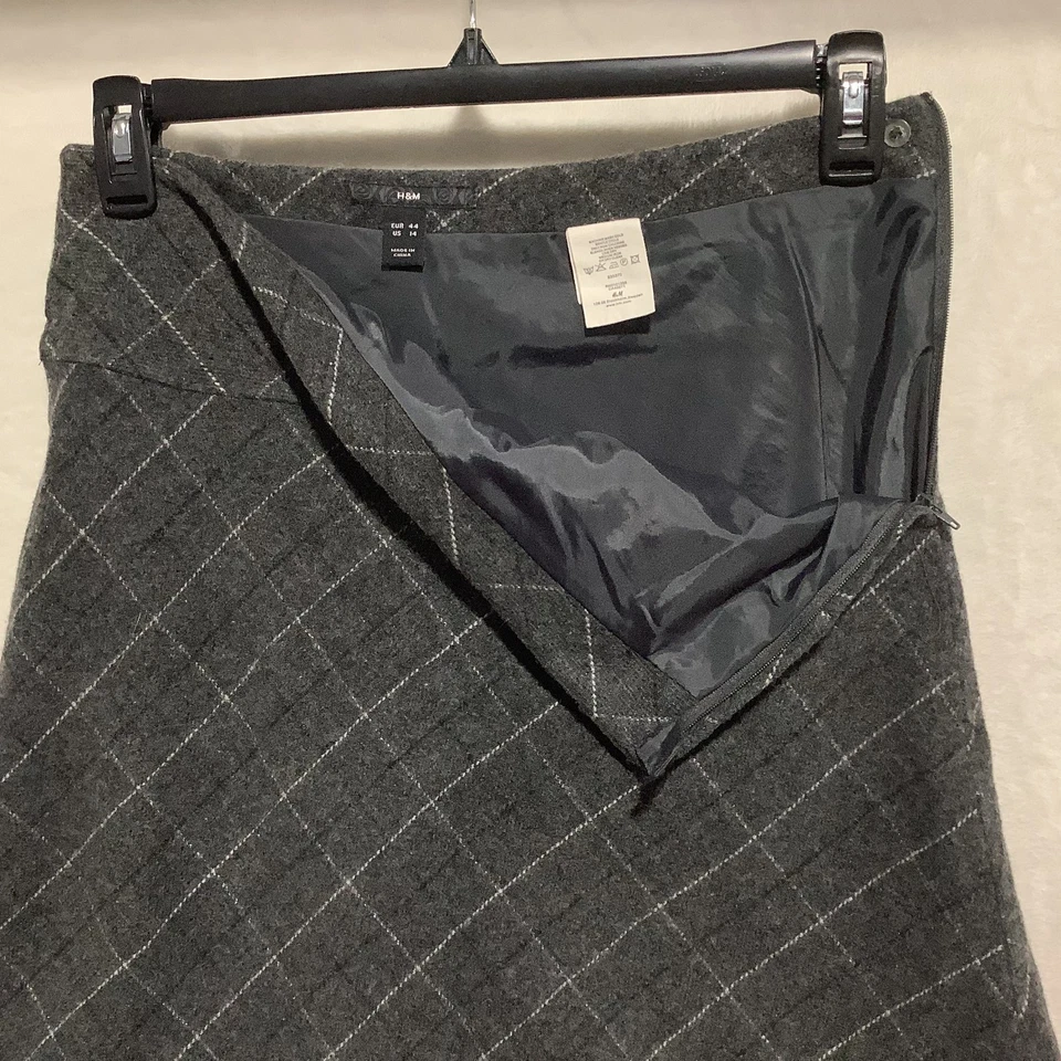 Falda H&M Mezcla de Lana Línea A Mujer Talla 14 Cuadros Delgada Pin Rayas Forrada Cremallera Botón Foto 4 de 4