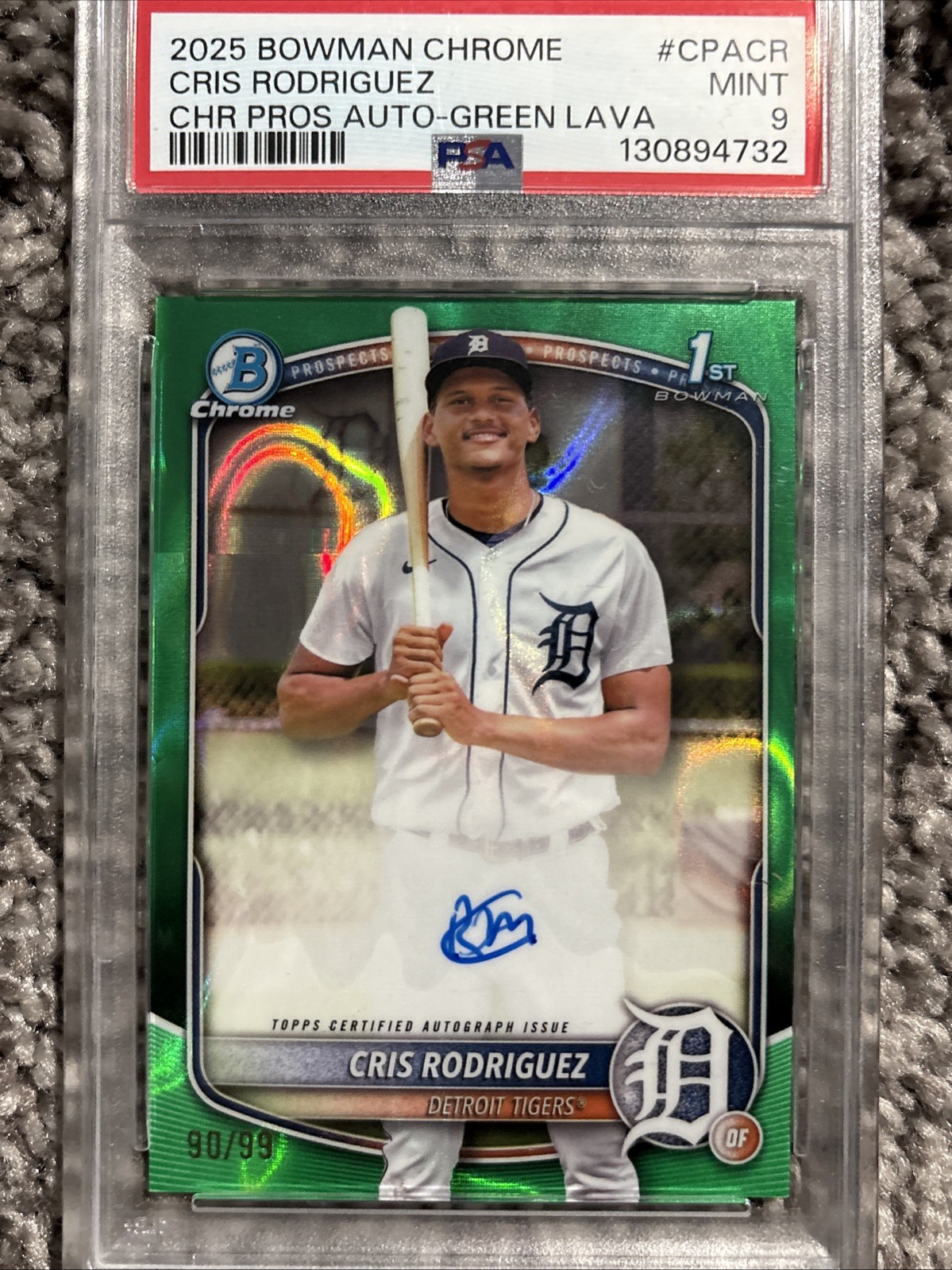2025 Bowman Chrome 1st Prospect Cris Rodriguez Auto Green Lava /99 #CPA-CR PSA 9