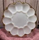 Vintage Anchor Hocking Milk Glass Deviled Egg Plate, Gold Trim Ornate Bottom 10”