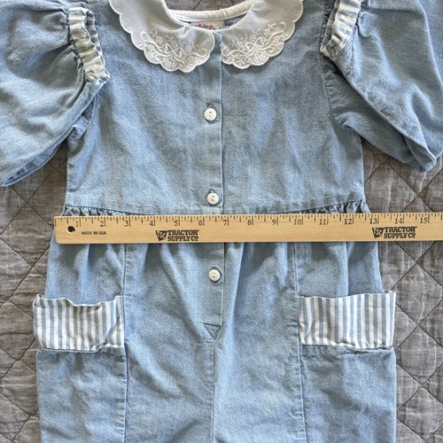 Vintage Oshkosh Denim Bubble Jumpsuit Romper 4T Peterpan Collar Pockets USA 90s - Picture 21 of 24