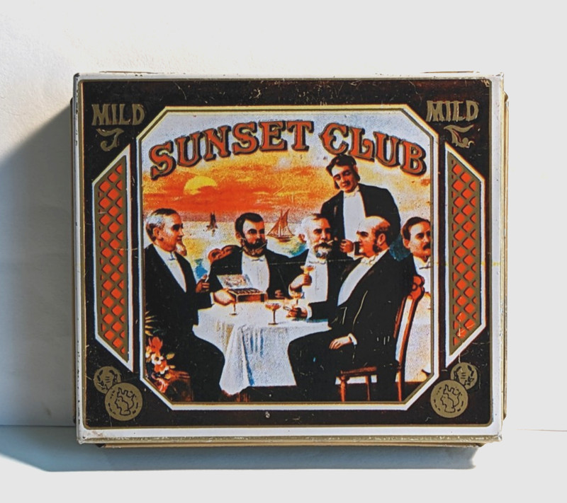 Vintage 80s Tin Box Smoking Tobacco Sunset Club Cigarette Hinged Cover