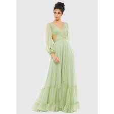 Mac Duggal 67948 Pleated Cut Out Long Sleeve Lace Up Ethereal Sage Gown 10 NEW