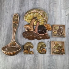 Vintage MCM Mushroom & Snail Wall Decor Set Of 6 Hand Painted Retro Rare Duncan 