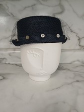 "CAMELOT" VINTAGE WOMAN'S PILLBOX HAT, NAVY BLUE, SWEET PEARL BUTTONS