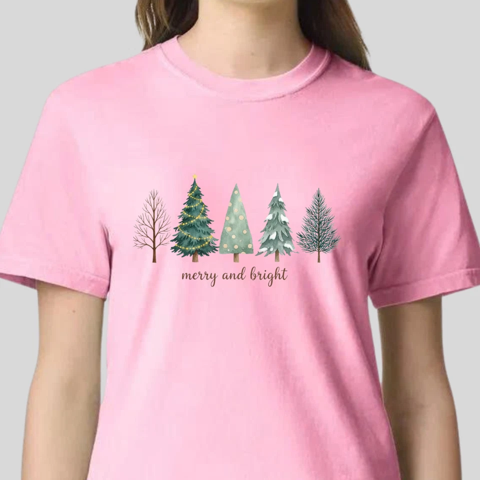 Merry and Bright Christmas Tree Shirt Holiday Tee Winter Sweatshirt Gift Women - Image 4 of 4