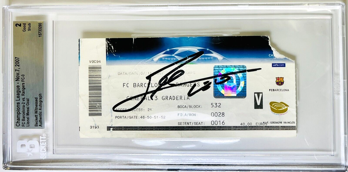 Lionel Messi Goal Champions League Signed Ticket Beckett Witness