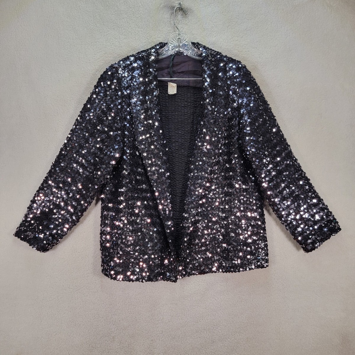 Zara Silver Sequin Metallic Zara Sparkle Blazer Vtg 70s Black