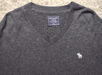 Abercrombie & Fitch Men Icon Wool-Blend V-Neck Sweater XL CHARCOAL Moose Logo