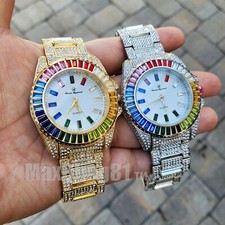 MEN'S ICED HIP HOP LUXURY RAINBOW COLOR BAGUETTE STONE METAL BAND WRIST WATCH