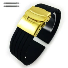 Black Rubber Silicone Replacement Watch Band Gold Double Locking Buckle #4011G