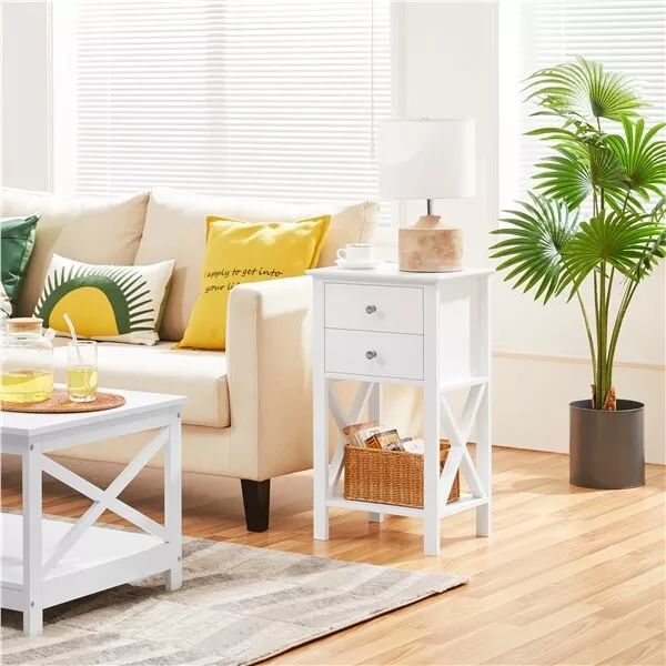 70cm Tall Bedside Table with 2 Drawer 1 Shelf X Shape End Table Nightstand White