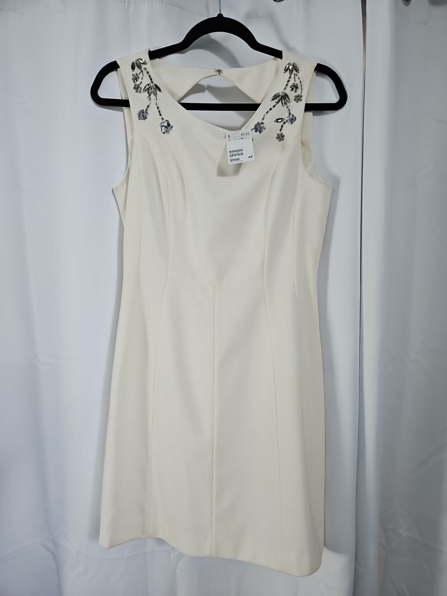 h&m white dress gold buttons Ladies - White Button-Front Boucl Dress - Size: 14